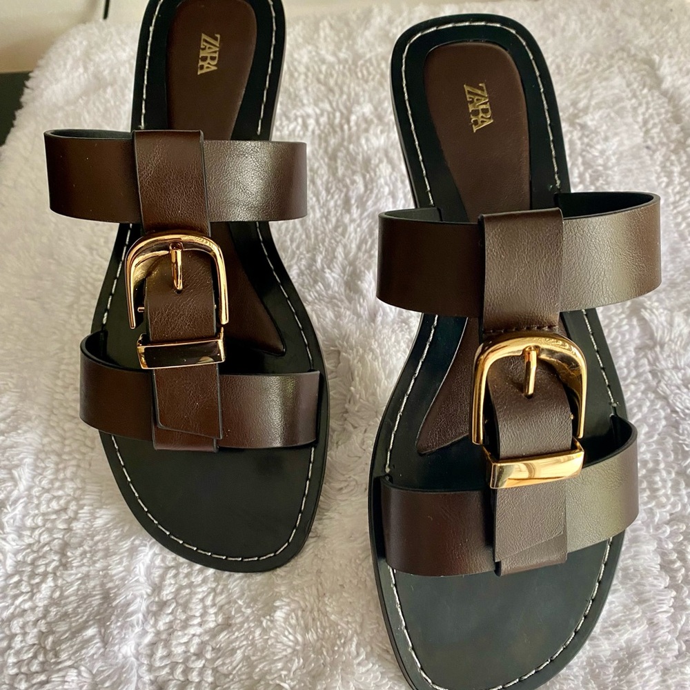 Zara dark brown Sandals with Gold Buckle accent.